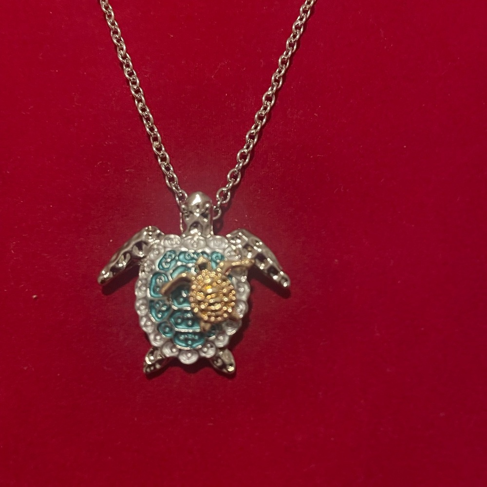 Silver and Gold Sea Turtle Necklace with Gemstone Accents